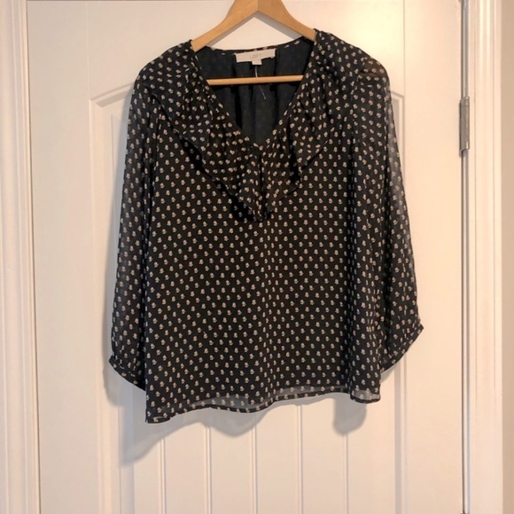 LOFT Tops - Ann Taylor Loft sheer 3/4 sleeve v neck ruffle shirt size small